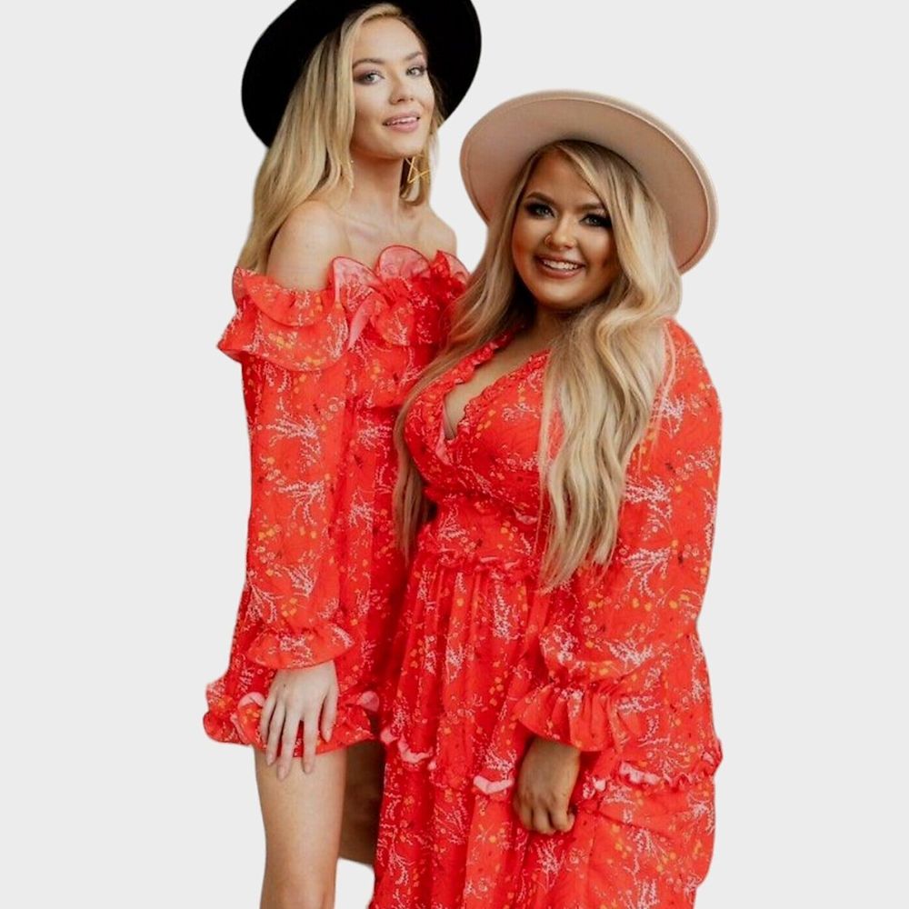 Southern Fried Chics Red Floral Ruffle Off The Shoulder Dress Western Boho NEW